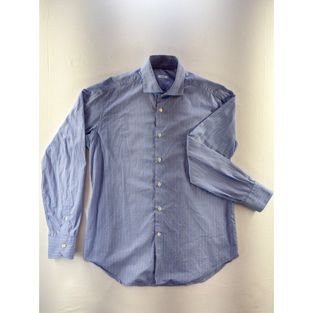 Caliban Mens Plaid Button Down Shirt Blue Purple Long Sleeve Italy 40 15.75